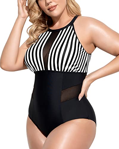 Chic Cut Out High Neck Plus Size Monokini Swimwear-Black And White Stripe