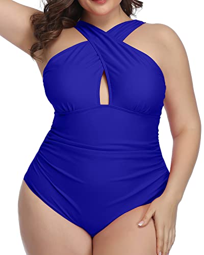 Women's Backless Plus Size Bathing Suits Tummy Control-Royal Blue