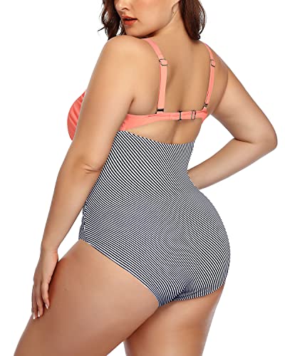 Sexy Cutout V-Neck Plus Size Monokini Swimsuits-Coral Pink Stripe