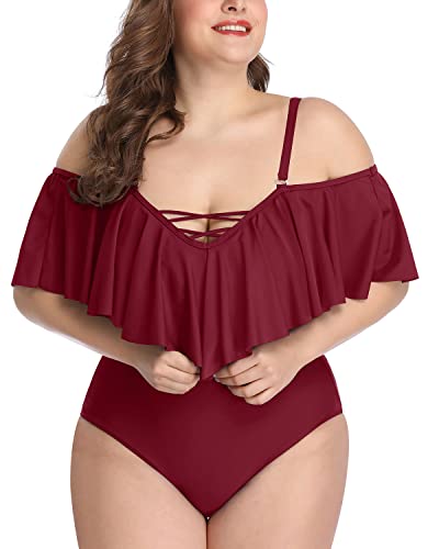 Vintage Flounce Cold Shoulder Plus Size Swimwear-Maroon