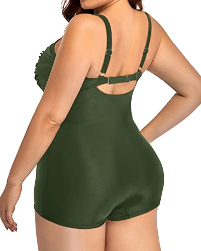 Slimming Ruched Tummy Control Plus Size Tall Bathing Suits-Army Green