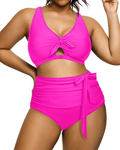 Sexy V-Neck Keyhole Bikini Plus Size Tie Knot Swimwear-Neon Pink