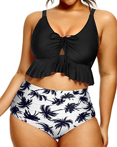 High Waisted Ruched Bikini Bottoms Plus Size Swimsuit-Black Palm Tree