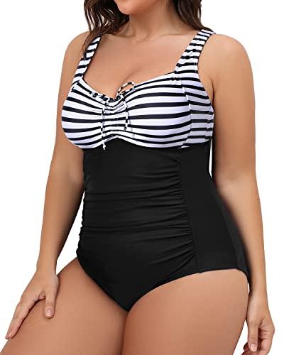 Plus Size Push Up One Piece Swimsuit Tummy Control-Black And White Stripe