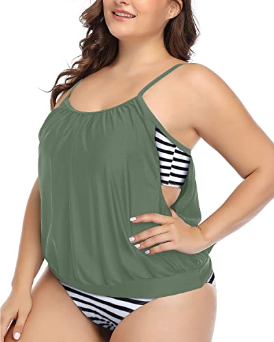 Deep Cut Side Tankini Padded Bra Plus Size Sporty 2 Piece Tankini-Green