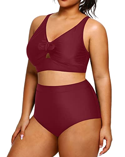 Women Plus Size Two Piece Swimsuit High Waisted Bikini Bottoms-Maroon