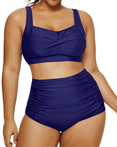 Padded Push Up Two Piece Swimsuit Open Back Retro Bikini-Navy Blue