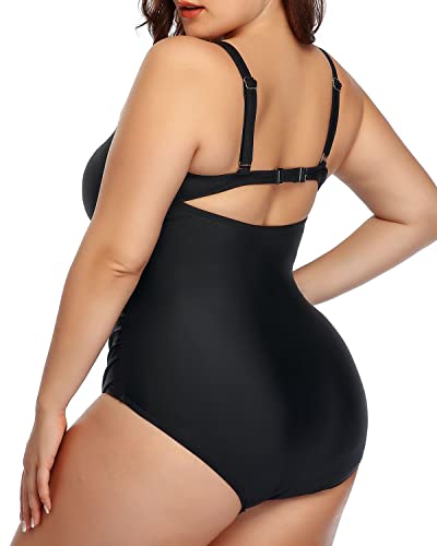 Fashionable V-Neck Cutout One Piece Swimsuit Ruched Bottom-Black