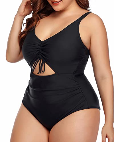 Fashionable V-Neck Cutout One Piece Swimsuit Ruched Bottom-Black