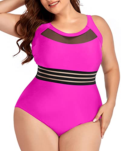 Elegant Vintage High Neck Plus Size One Piece Bathing Suits-Neon Pink