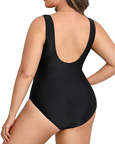 V Neck Plus Size Cutout One Piece Swimsuits For Women-Black