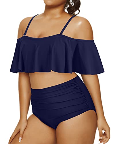 Modest Coverage Bathing Suits For Women Plus Size Flounce Top-Navy Blue