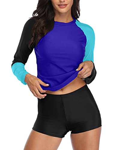 Attractive Women's Two Piece Crew Neck Long Sleeve Rashguard For Surfing  And Water Yoga-Black Blue Splicing