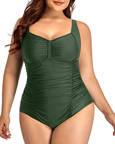 Ruched Backless Plus Size One-Piece Bathing Suit-Olive Green