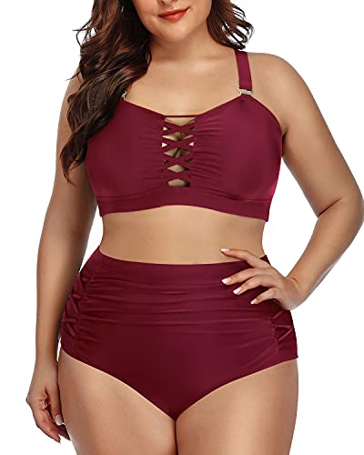 Adjustable Criss Cross Ruched Bikini For Plus Size Ladies-Maroon