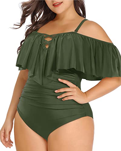 Halter Neck Tummy Control Plus Size One Piece Swimsuits-Army Green