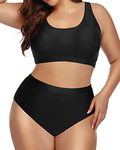 Sporty Scoop Neck Bikini Set High Waist Bottoms For Plus Size Women-Black