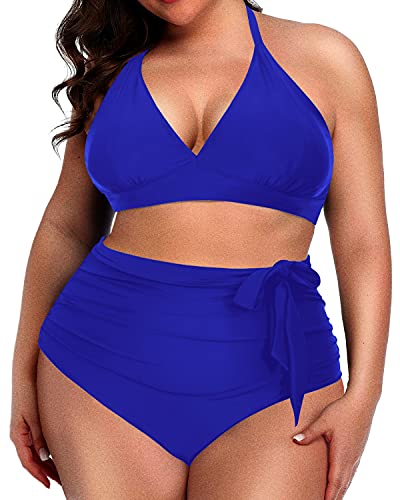 Chic Plus Size Bathing Suit Halter Top And High Waist Bottoms-Royal Blue