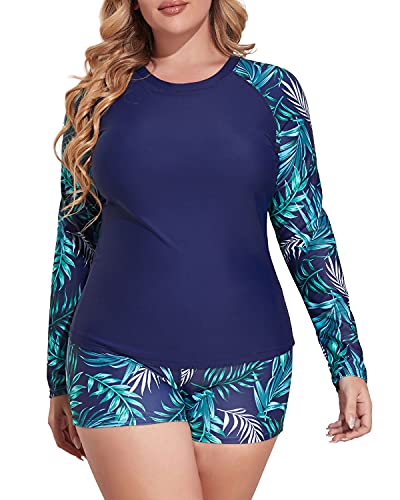 Women's Plus Size Rash Guard Tankini Boyshorts-Navy Blue Leaf