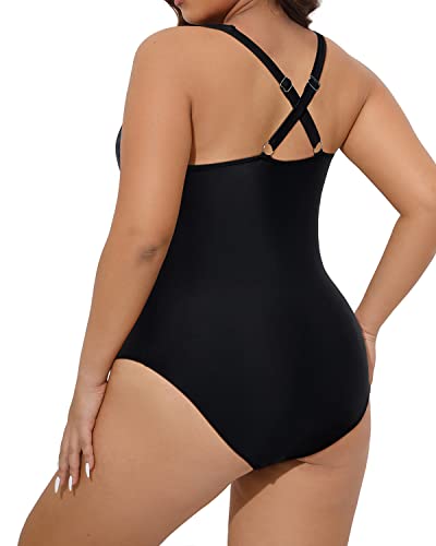 Plunging Lace-Up Plus Size One Piece Swimsuits For Women-Black