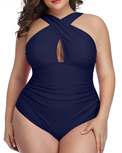 Stylish Front Cross Tummy Control One Piece Swimsuits-Navy Blue