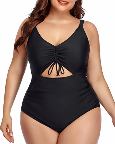 Fashionable V-Neck Cutout One Piece Swimsuit Ruched Bottom-Black