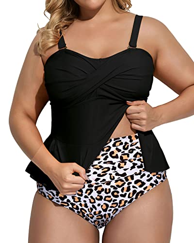 Strapless Twist Front Two Piece Tankini Set-Black And Leopard