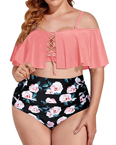 Ruched Off Shoulder High Waisted Plus Size Bikini-Coral Pink Floral