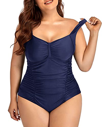 Tummy Control Backless Plus Size Swimwear-Navy Blue