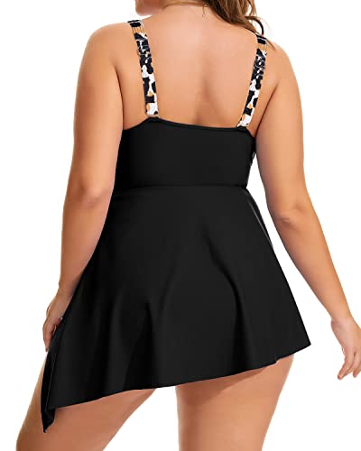 Comfortable Tummy Control Plus Size Swim Dress Built-In Shorts-Black And Leopard