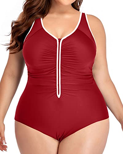 Full Coverage Ruched Tummy Control Monokini For Plus Size Women-Red