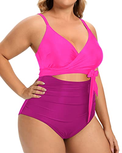 Plunge Neckline High Waisted Tummy Control Swimwear-Phosphor And Dark Pink