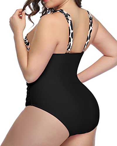 High Waisted Front Cross Swimsuit Slimming Effect-Black And Leopard