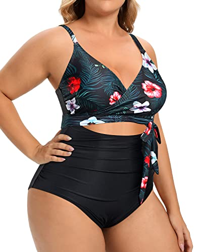 Sexy Wrap Criss Cross Belted Plus Size One Piece Swimsuits-Black Floral