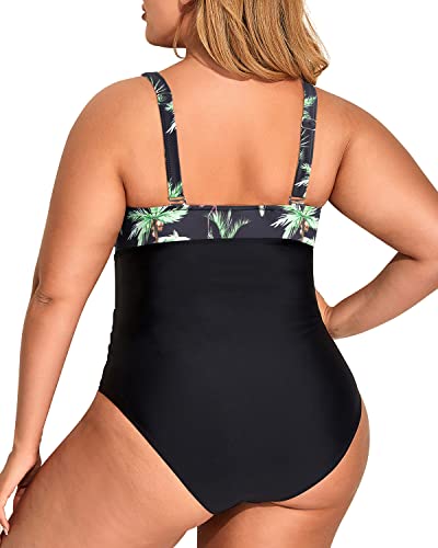 Tummy Control Cheeky One Piece Swimsuits For Women Plus Size-Black Palm Tree