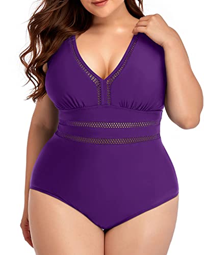 Tummy Control Full Coverage Plus Size V Neck Swimsuit-Purple