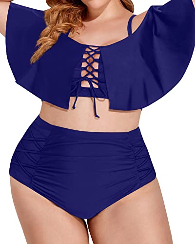 Two Piece Flirty Flounce Off Shoulder Plus Size Bikini Set-Navy Blue