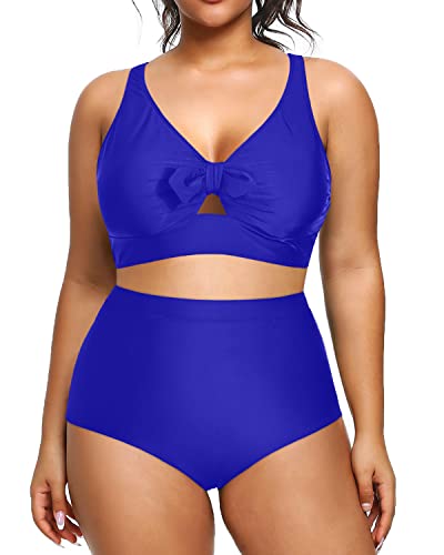 Comfortable Two-Piece Plus Size High Waisted Swimsuit-Royal Blue