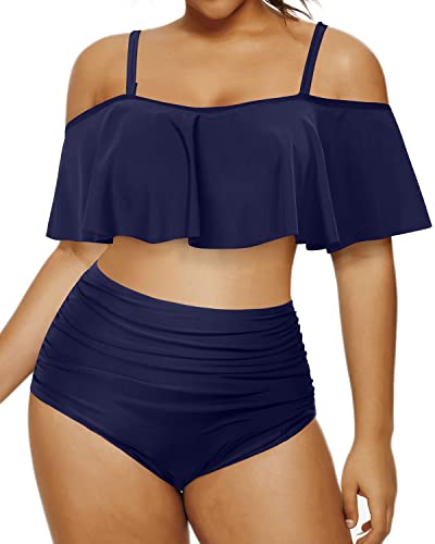 Modest Coverage Bathing Suits For Women Plus Size Flounce Top-Navy Blue