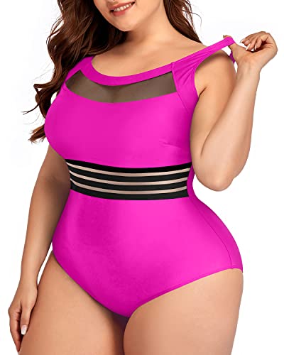 Elegant Vintage High Neck Plus Size One Piece Bathing Suits-Neon Pink