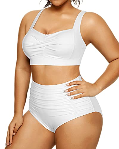 Plus Size High Waisted Bikini Adjustable Straps For Curvy Women-White