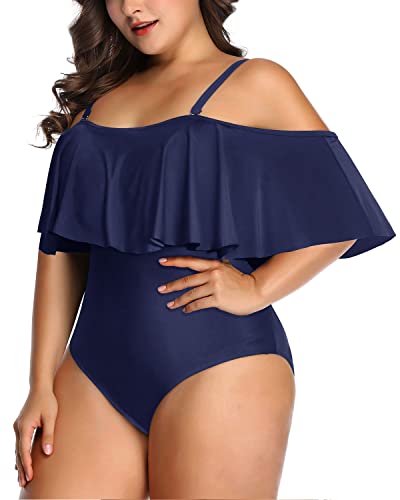 Flattering Off Shoulder Tummy Control One Piece Bathing Suit-Navy Blue