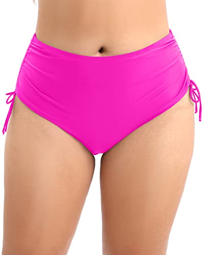 Adjustable Side Tie Plus Size High Waist Bikini Bottom Tankini Brief-Neon Pink