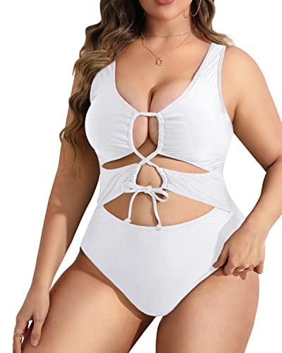 Women High Waisted Plus Size Cutout One Piece Swimwear For Women-White