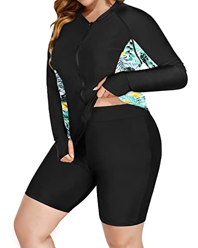 Plus Size Sun Protection Rash Guard And Shorts Set For Women-Black Leaf