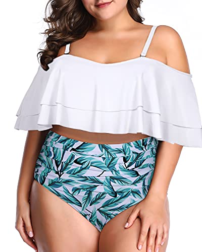 Flattering Off Shoulder Bikini High Waisted Bottom For Plus Size-White Leaf