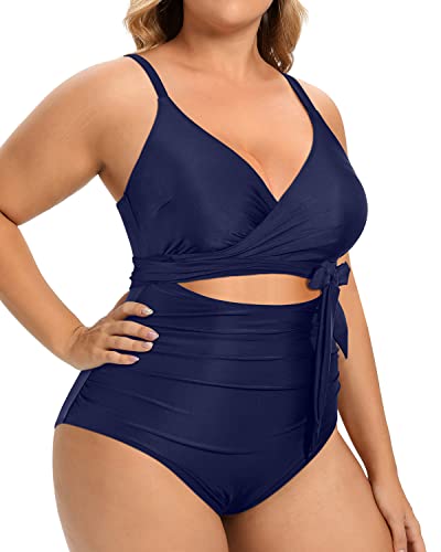 Feminine Curves High Waisted Tummy Control One Piece Bathing Suits-Navy Blue