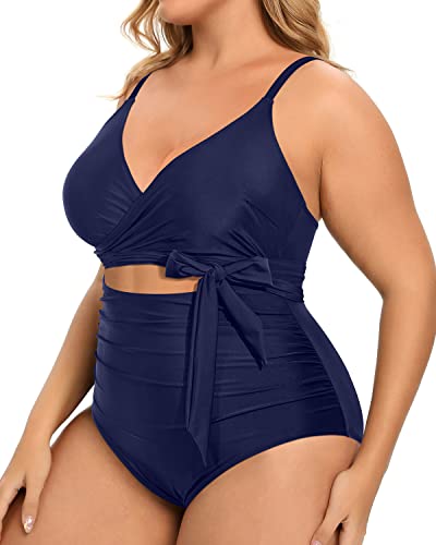 Feminine Curves High Waisted Tummy Control One Piece Bathing Suits-Navy Blue