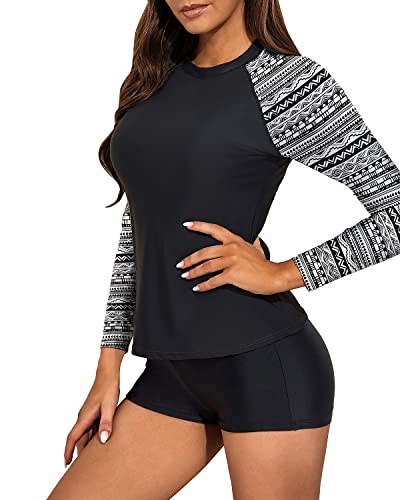 Protective Women's Rash Guard Swim Shirt Boyshort Bottom-Black And White Snake Print