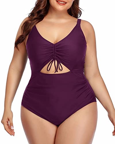 Plus Size High Waisted V Neck Monokini For Curvy Women-Maroon